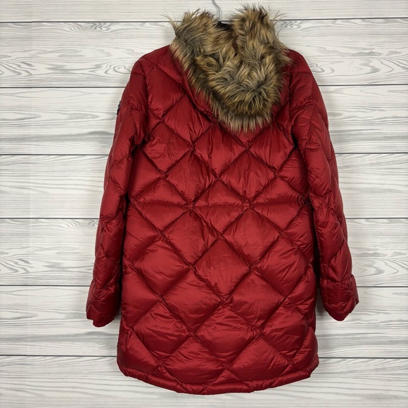 Abercrombie & Fitch Down-Filled Parka Jacket Size XS Raspberry Red Fur Hood - Picture 14 of 16